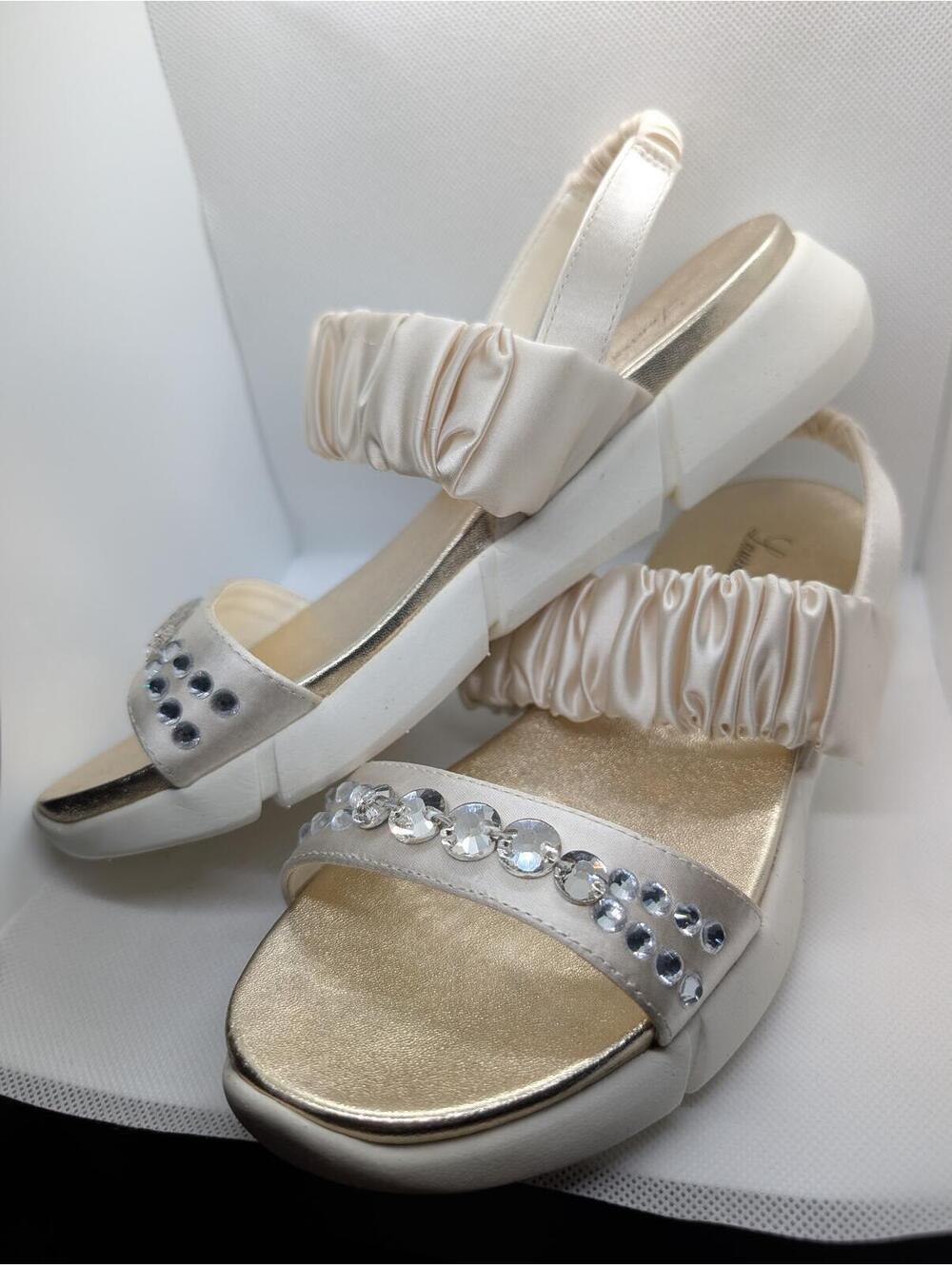 Lauren Lorraine White Satin Elastic Strap Sandals with Rhinestone Detail